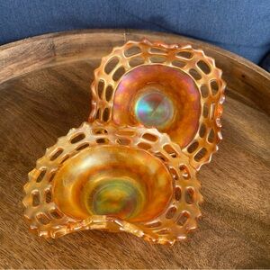 Set Of 2 Vintage Carnival Glass Basket Weave Marigold Dish with Lattice Edge